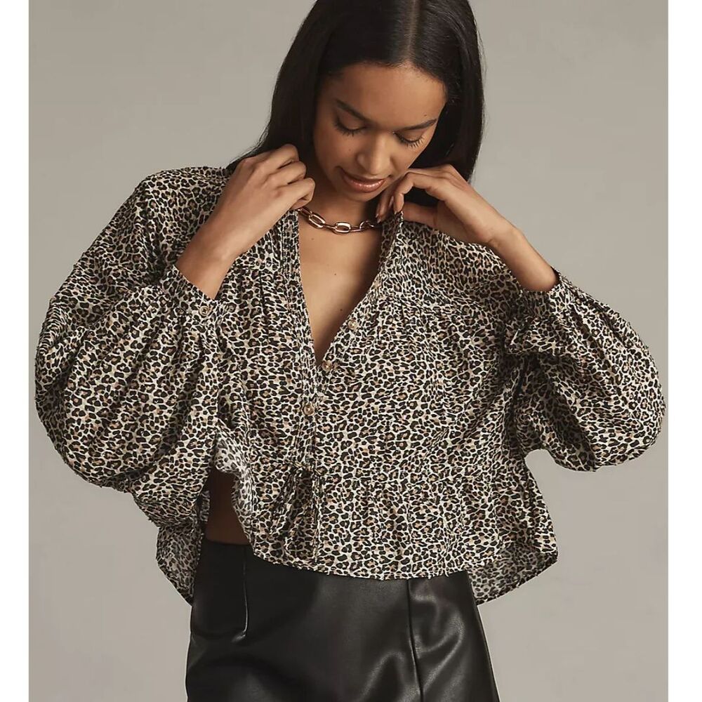 Anthropologie Pilcro Sidney Batwing Blouse Cinched Waist Animal Print, XL (D2)